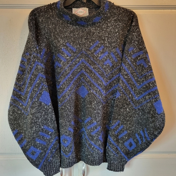 Vintage J. J. Blu Dark Gray Black Blue Geometric Southwest Pattern Sweater - Picture 1 of 7
